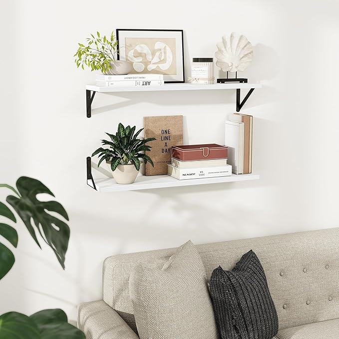 Dreamland Deep Floating Shelves for Wall, 30W x 8D Wall Shelves, Set of 2, 30 inch Floating Shelf with Sturdy Metal Brackets for Living Room, Bathroom, Bedroom and Kitchen, White