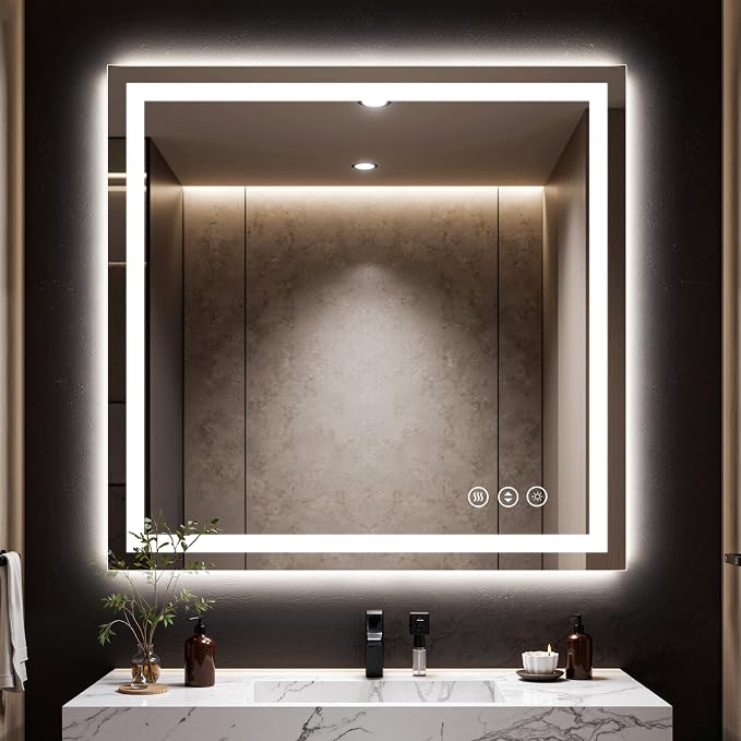 48X48 LED Bathroom Mirror with Lights, Anti-Fog, Backlit + Front Lit (CRI>90), Lighted Bathroom Vanity Mirror for Wall, Memory Function, Dimmable, Tempered Glass, Shatter-Proof