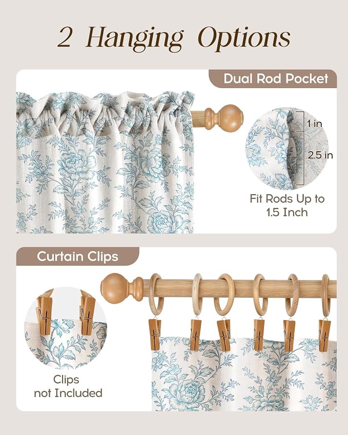Miss Adola Farmhouse Kitchen Tier Curtains - 45 Inch Length Linen Blend Cafe Curtains Blue Floral Small Window Treatments Over Sink Rod Pocket for Bathroom Living Room Light Filtering, 2 Panels