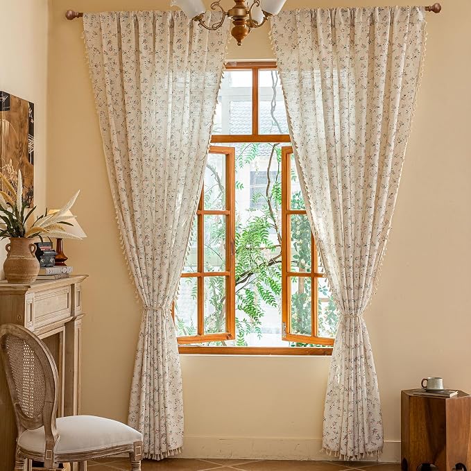 OYX Boho Floral Curtains 84 Inch Length 2 Panels for Living Room, Bedroom Light Filtering Drapes, Farmhouse Vintage Country French Rustic Tassels Pattern Rod Pocket Aesthetic Decor Window Treatments