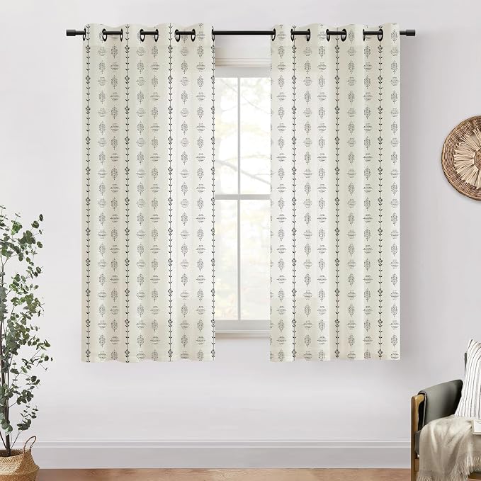 Farmhouse Curtains 63 Inch Length for Living Room, Black Striped Linen Drapes for Dining Room 2 Panels Set