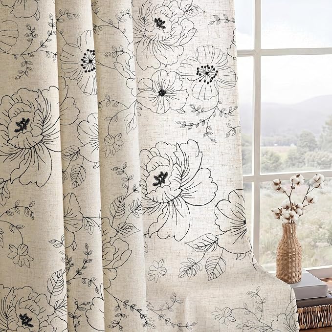 Boho Floral Curtains, Vintage Farmhouse Curtains 84 Inches Long, Black Cottage Core Flower 2 Panels