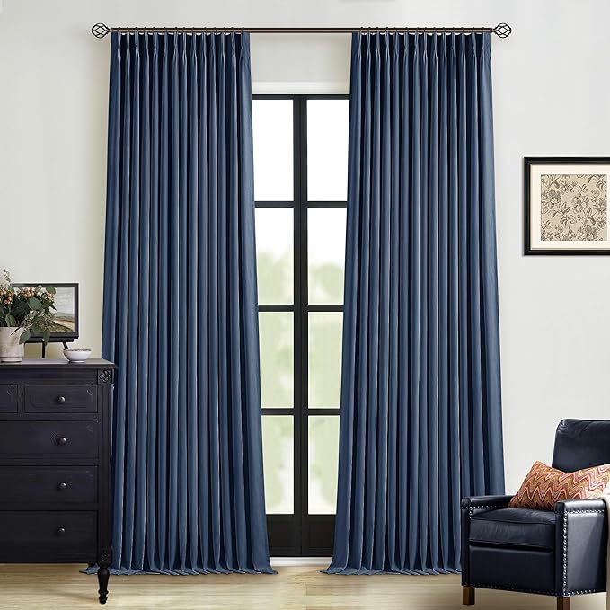 Indigo Navy Pleated Linen Blackout Curtains 90 Inches Long for Bedroom Living Room Pinch Pleat Black Out Thermal Insulated Ring Hooks Back Tab Room Darkening Drapes Dark Blue Curtains with Liner