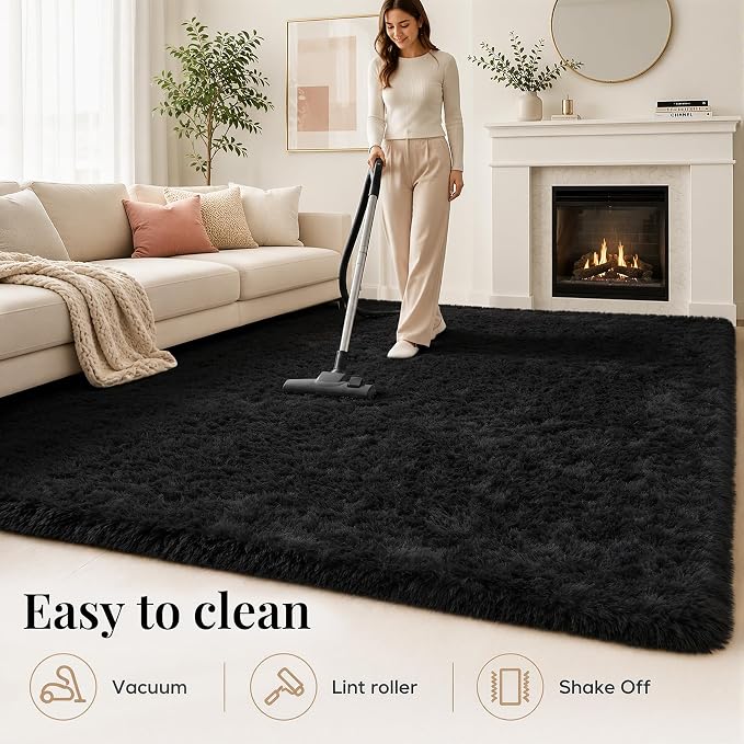 8x10 Area Rugs for Living Room Bedroom: Soft Fluffy Black Shag Upgrade Non-Slip High Pile Carpet Large Fuzzy Plush Indoor Floor Decor Shaggy Rug for Kid Boys Girls Dorms Playroom Nursery Modern Home