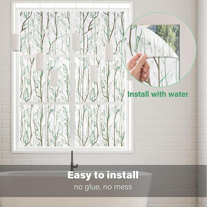 Donox Frosted Glass Window Film Heat Control UV Blocking, Static Cling Reusable Home Bathroom Door Window Privacy Film, Green Leaf Pattern Window Covering with Installation Tool, 23.6 in x 13.1 feet