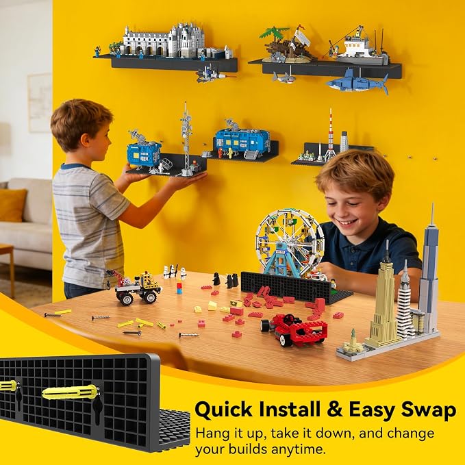 BlissBox 8-Pack Large Display Shelves for Wall Compatible with Lego Building Bricks, 11.3x6.3inch Dual-Sided 36x20 Studs for Brick Display and Storage, for Medium & Large Brick Builds, Black