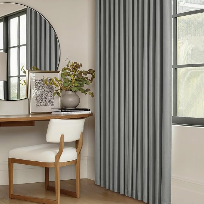 Grey Pinch Pleated Black Out Curtains 63 Inch Long for Living Room Bedroom Insulated Thermal Room Darkening Kitchen Drapes for 63 Inch Window Boho Linen Basement Office Dining Room Pinch Pleat