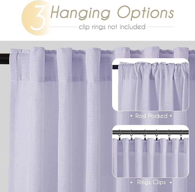 Lavender Semi Sheer Linen Curtains 96 Inches Long 2 Panels Set for Living Room Back Tab Light Filtering Long Drapes Modern Farmhouse Light Violet Purple Bedroom Decor 52X96