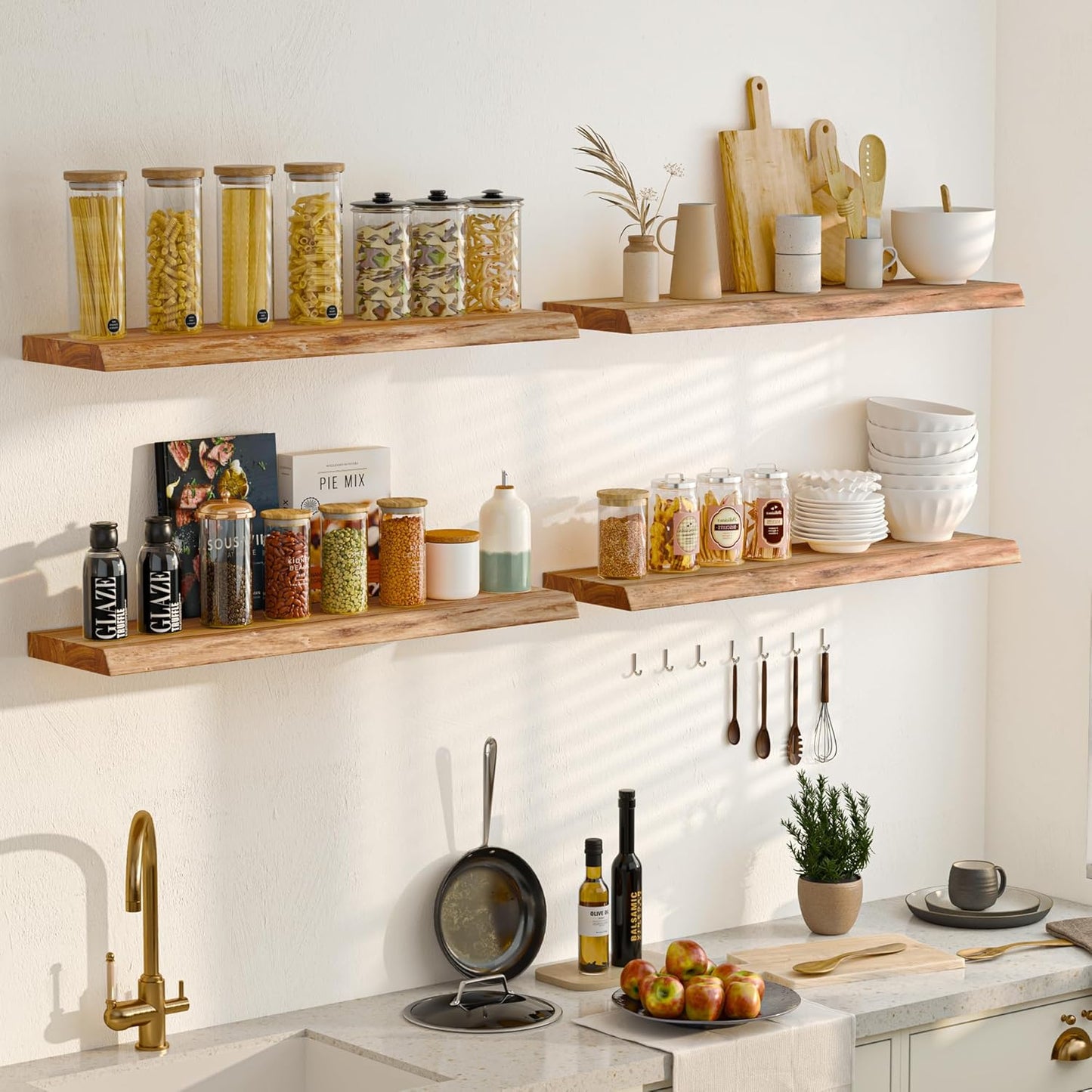 Floating Shelves for Wall, 24" Live Edge Solid Elm Wood Floating Shelf, Wall-Mounted Display Shelves with Invisible Heavy-Duty Metal Bracket, Floating Shelf for Kitchen (Natural, Set of 2)