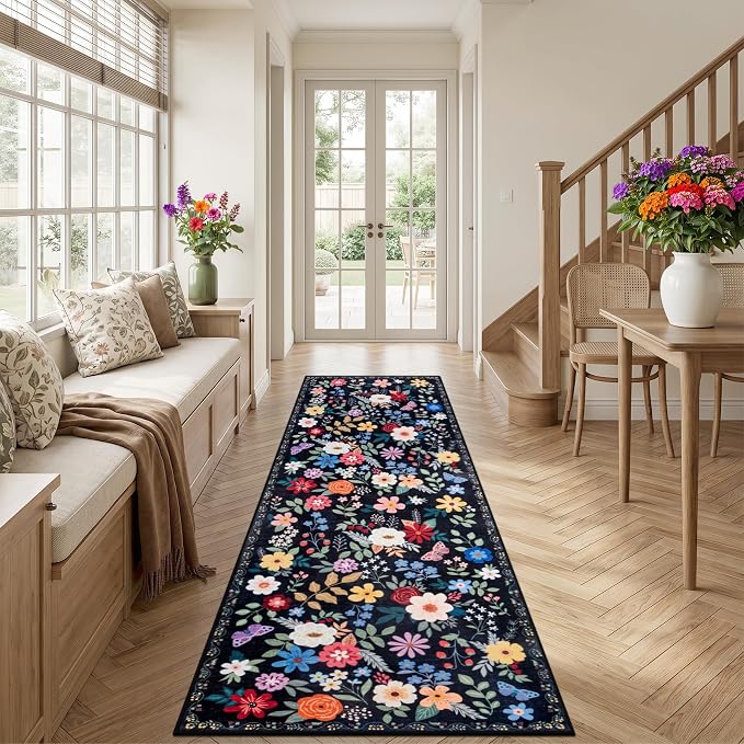 Runner Rug for Entryway: 2.6x10 Kitchen Rugs Non Slip Washable Ultra-Thin Soft Floral Carpet Indoor Floor Stain Resistant Carpets for Hallway Bedroom Kitchen Laundry Bathroom Dorm Black