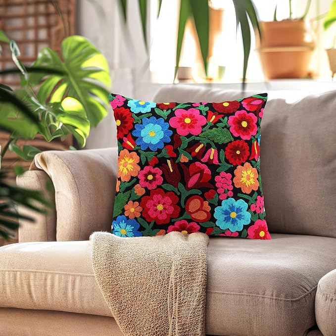 HunnmingRe Mexican Embroidered Throw Pillow with Insert 18 x 18 Inch Mexican Boho Embroidered Pillow Cover Decorative Fiesta Colorful Floral Cushion Decor for Sofa Living Room Couch Bedroom(Black)