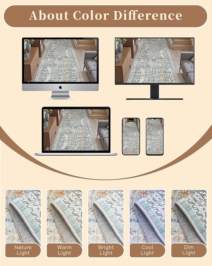 Madane Washable Runner Rugs 2x10 Long for Hallway Kitchen, Blue/Gold | Non-Slip Low-Pile 10ft Rug Runners Soft, Stain-Resistant Floor Carpet Mat for Entrance, Living Dining Laundry Room