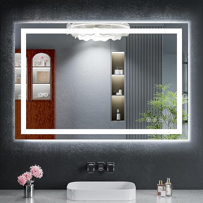 42"x24" LED Bathroom Mirror with Lights for Vanity, Anti-Fog & Dimmable 3-Color, Stepless Brightness Adjustable Wall Mounted Mirror for Bathroom Makeup Shaving