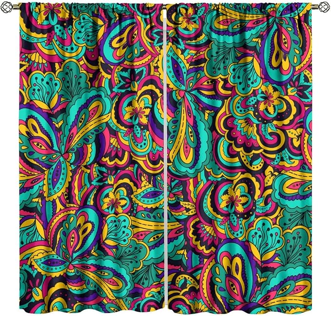 Bohemian Dream Curtains, Colorful Paisley Floral Pattern, Blackout and Soundproof Curtains for Bedrooms, Living Rooms, and Kitchens84X84 Inch
