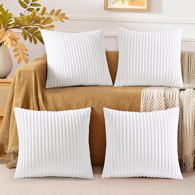 decorUhome Set of 4 Flannel Neutral White Throw Pillow Covers 18x18 Inch, Spring Decorative Soft Double-Sided Fluffy Couch Pillow Covers, Farmhouse Pillow Cases for Sofa Living Room