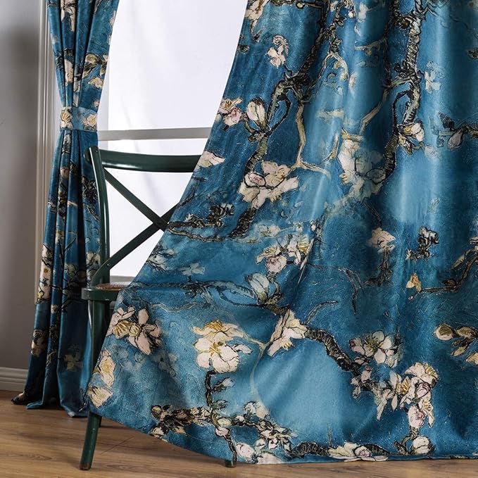 Taisier Home Chinese Style Plum Blossom Curtain Blue Artistic Print Curtains 63 Inches Long for Living Room,Personalized Pattern Curtains Bedroom Window Treatment Curtains 2 Panels Set