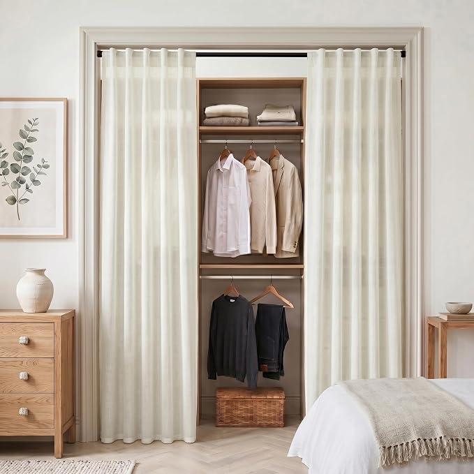 XTMYI 80 Inch Closet Curtains for Bedroom Closet Door,Linen Cotton Boho Semi Sheer Back Tab Pleated Easy Open Sliding Closet Door Curtains,80 Inches Long,2 Panels Set,Cream Ivory Off White