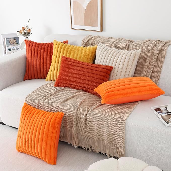 Pallene Faux Fur Plush Fall Throw Pillow Covers 16x16 Set of 2, Luxury Soft Fluffy Striped Decorative Pillow Covers for Sofa, Couch, Living Room, Burnt Orange