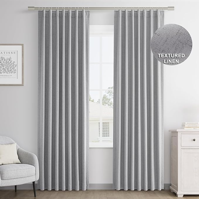 Joywell 100% Blackout Linen Curtains 80 Inches Long for Bedroom Black Out Curtain 2 Panel Set Rod Pocket Back Tab Room Darkening Drapes for Dining Room Office Window 52 x 80,Light Gray