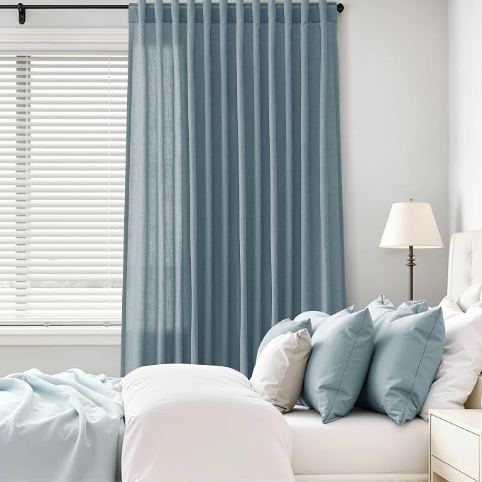 Aersas 102 Inch Light Blue Linen Curtains for Kids Room Bedroom Semi Sheer Privacy Flax Textured Pleated Drapes Light Filtering Living Room Sliding Glass Door Curtain Modern Casual Decorations 52x102