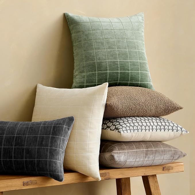 MIULEE Sage Plaid Decorative Throw Pillow Covers 18x18 Set of 2 | Vintage Check Chenille Couch Pillows Neutral Boho Farmhouse Cushion Covers Modern Home Decor for Sofa Bed Living Room