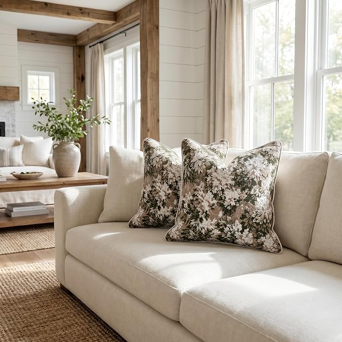 Vintage Floral Throw Pillow Covers 20x20 Inches Set of 2 Boho Farmhouse Pillow Cases Premium Chenille Textured Decorative Cushion Covers for Couch Retro Garden Farmhouse Style Green