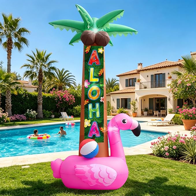 7FT Inflatable Pink Flamingo Palm Trees, Christmas in July Luau Beach Party Hawaiian Tropical Decors with Aloha Streamer, Pool Outdoor Decoration with Built-in LEDs for Summer Lawn Yard Beach