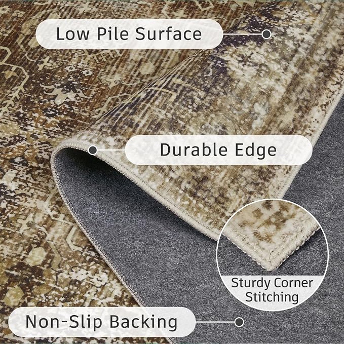 DCX Washable 5x7, Kid & Pet Friendly with Rubber Back Non Slip, Stain Resistant Vintage Rug for Living Room, Bedroom, Home Office, Soft Low Pile Large Farmhouse Distressed Carpet, Brickred