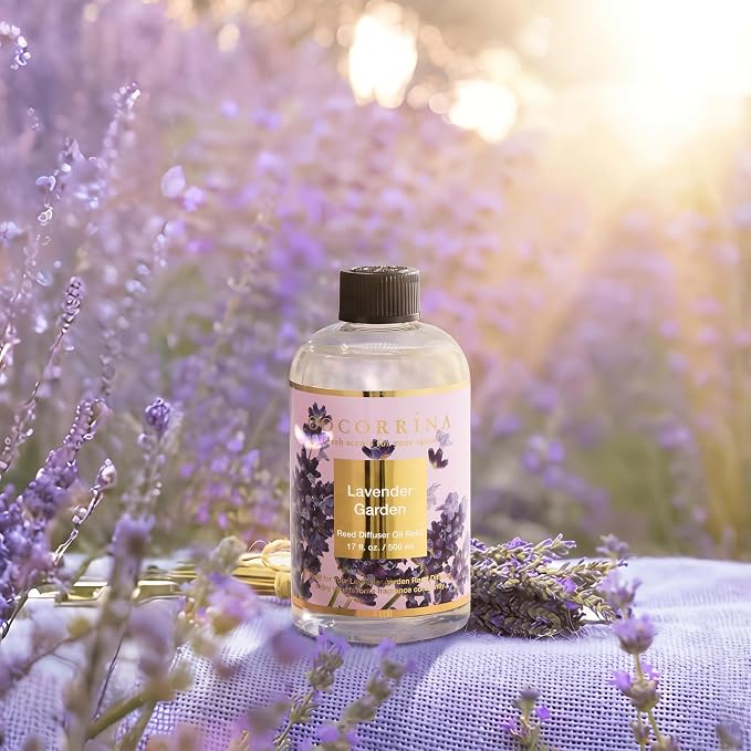 Cocorrína Reed Diffuser Refill Lavender Garden 17oz (500ml) with 8 Rattan Sticks - Premium Long-Lasting Scented Oil, Home Fragrance for Bedroom, Bathroom Home Decor
