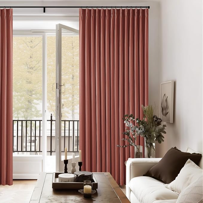 Terracotta Pinch Pleated Full Blackout Curtains Linen Blend Room Darkening Window Curtains 80 Inch for Living Room Bedroom Thermal Insulated Back Tab Pinch Pleat Drapes with Hooks Rings 2 Panels