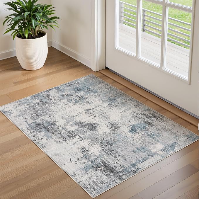 Abstract 2x3 Area Rug: Machine Washable Non Slip Ultra Thin Low-Pile Carpet, Soft Stain Resistant for Entryway Kitchen Bathroom, Kid Pet Friendly, Robot Vacuum Compatible - Grey Blue