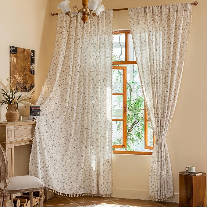 OYX Floral 96 Inch Curtains for Living Room Flower Drapes Bedroom Semi Sheer Rod Pocket Floor Length Window Curtains 2 Panel Sets Boho Farmhouse Vintage Light Filtering Window Treatments
