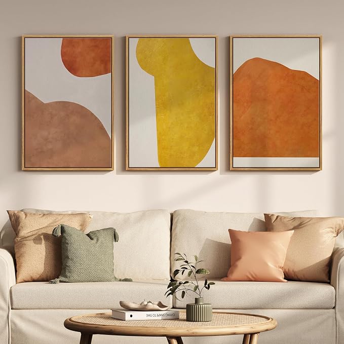 Framed Abstract Orange Wall Art Bedroom, 3 Piece Mid Century Modern Minimalist Yellow Canvas Artwork for Walls, Large Geometric Boho Neutral Pictures Prints Wall Decor Living Room Office, 16x24 Inch