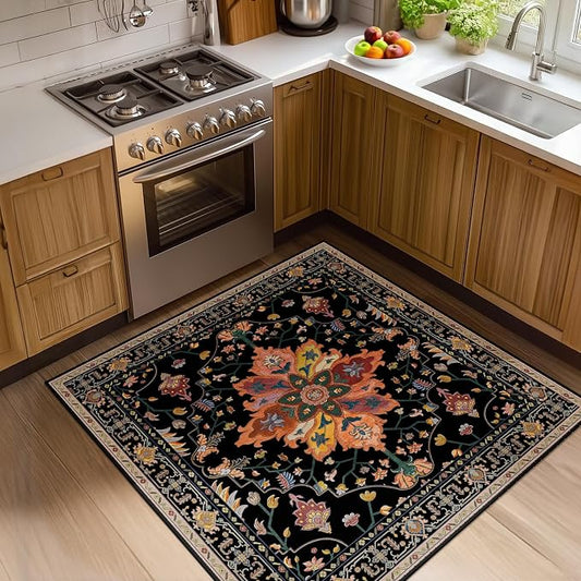 RELEANY Area Rugs Square 4ft Washable Non-Slip, Floral Vintage Distress Medallion Carpet for Living Room Bedroom Dining Room, Black Colorful Floral Dark Tan