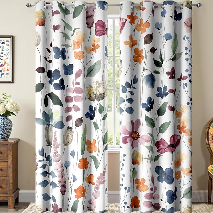 Boho Vintage Floral Blackout Curtains, Retro Watercolour Colorful Plant Leaf Flower Design Window Drapes, Living Room Bedroom Decor 2 Panels 52x63 Inch