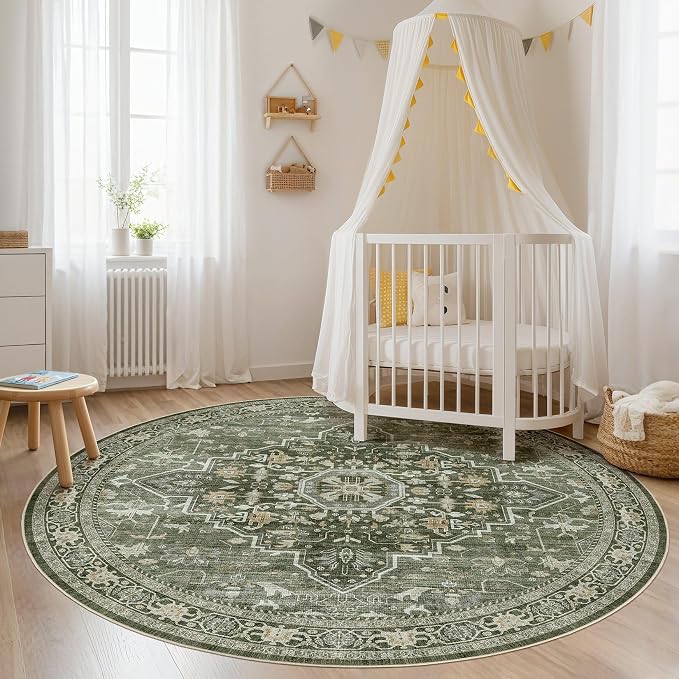 Round Rug Living Room Rugs: 8x8 Washable Boho Neutral Large Circle Soft Indoor Floral Stain Resistant Floor Farmhouse Carpet for Bedroom Nursery Kids Playroom Office Dining Room- Dark Green