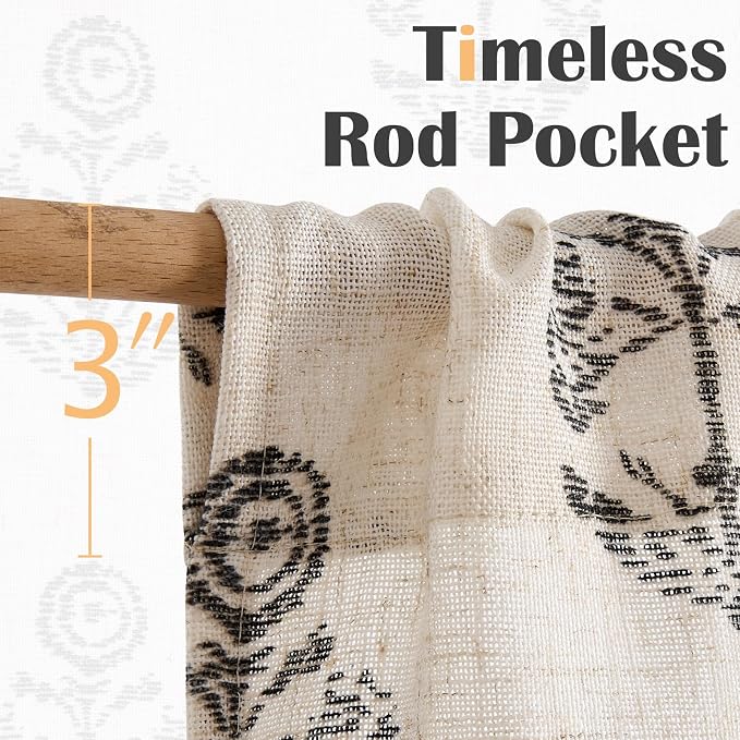 jinchan Linen Kitchen Curtains 24 Inch Floral Tier Curtains Farmhouse Cottage Core Flax Cafe Rod Pocket Country Small Window Drapes for Laundry Room Bathroom RV 2 Panels Black on Beige