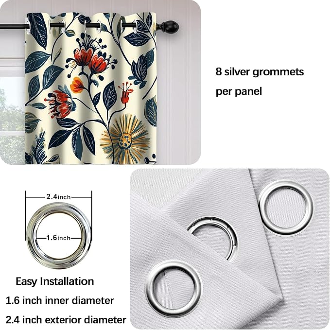 Floral Leaves Blackout Curtain, Red Yellow Boho Flowers Aesthetic Art Window Curtains Darkening Thermal Insulated Grommet Window Drapes for Living Room Bedroom Decor 2 Panels 52x63 Inches