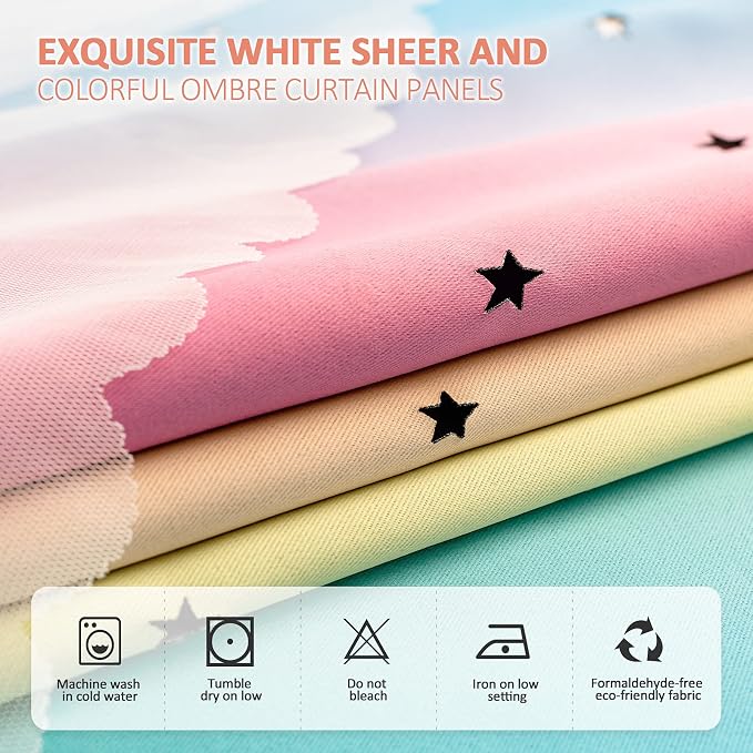 Stiio Kids Blackout Curtains 2 Panels, Star Cutout Ombre Stripe Rainbow Curtains Light Blocking Window Treatment for Girls Bedroom Home Decor, W52 x L95 inches