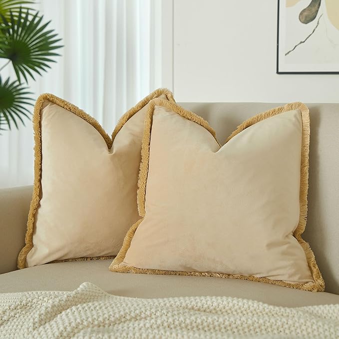JUSPURBET Pack of 2 Khaki Decorative Fringe Velvet Throw Pillow Covers 16x16 for Home Decor Living Room Bedroom Car Boho Soft Cushion Cover with Hidden Zipper Machine Washable