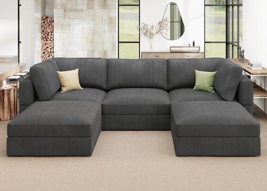 HONBAY Modular Sectional Sofa with Storage Corduroy U Shaped Sofa Modular Sectional Couches for Living Room,Dark Grey
