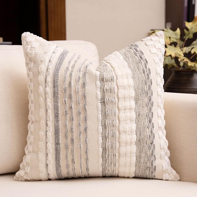 Boho Chenille Tufted Throw Pillow Covers 18x18 Inch Set of 2 Farmhouse Grey Woven Striped Decorative Pillowcases for Couch Sofa Bed
