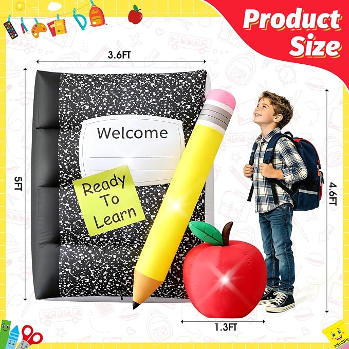 5FT Back to School Inflatable Outdoor Decorations Giant Blow Up Composition Notebook with Pencil,Built-in 3 LED Lights for First Day of School Welcome Party Classroom Garden Yard Decor Photo Props