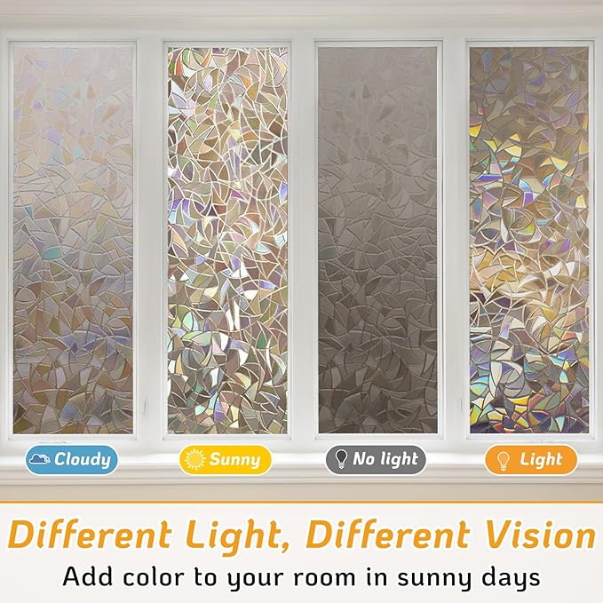 LUTE Window Privacy Film, Rainbow Window Flim, 3D Decorative Stained Glass Cling, Non-Adhesive Vinyl Static Cling Removable Glass Sticker, Sun UV Blocking Covering for Home, Brown, 35.4 x 157.4 inches