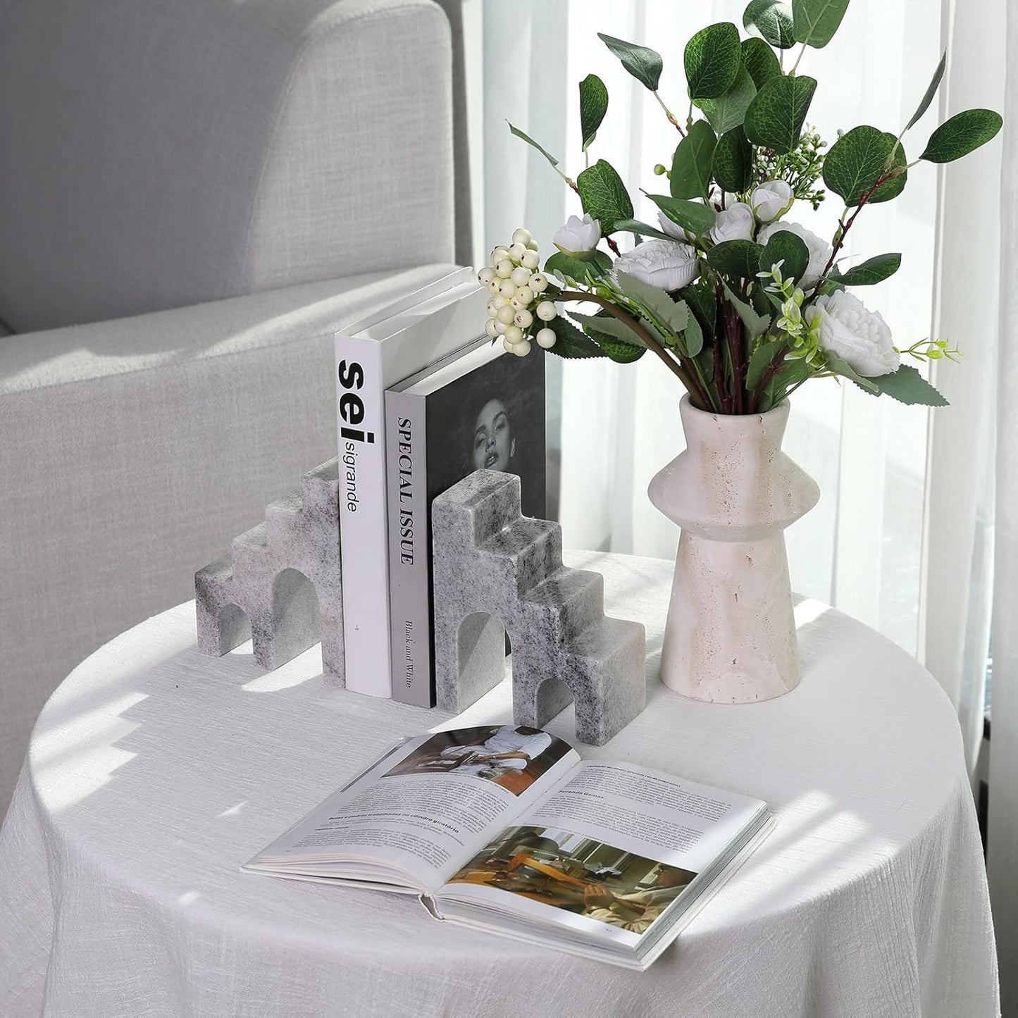 Natural Marble Book Ends for Shelves, Decorative Bookends for Heavy Books, CastleGuard Bookend Book Holder Stopper for Home Office Desk Bookshelf Decoration, Set of 2 (Mist Grey)