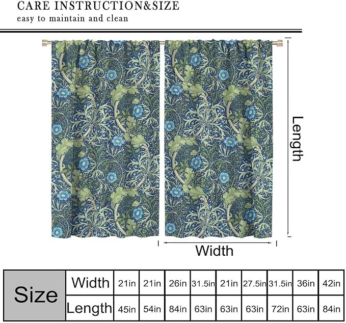 William Morris Floral Blackout Curtains, Country Farmhouse Flower Boho Retro Pattern Window Drapes, for Living Room Bedroom 31.5(W)*63(L) 2 Panels