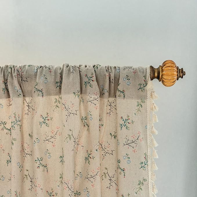Sutuo Home Florals Boho Farmhouse Curtains, Semi-Blackout Drape Bohemian Window Treatment Cotton Linen Panel with Tassels for Bedroom Living Room, Rod Pocket, 1 Panel 59" W x 84" L