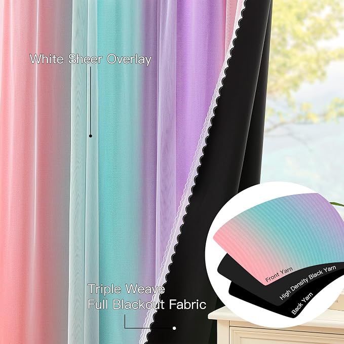 XiDi 100% Blackout Curtains for Girls Bedroom 63 Inches Long 2 Panels Colorful Rainbow Nursery Kids Curtains with Sheer Overlay Unicorn Wall Decor Princess Grommet Drapes Pink Purple Green 52W x 63L
