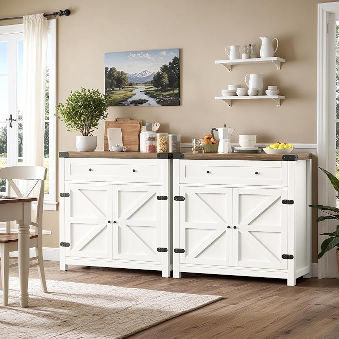 YESHOMY Coffee Bar and Accent Cabinet, Farmhouse Barn Door Buffet Sideboard with Drawer and Adjustable Shelf, Wide Desktop for Kitchen, Dining Room, Bathroom, Entryway, Brown & White