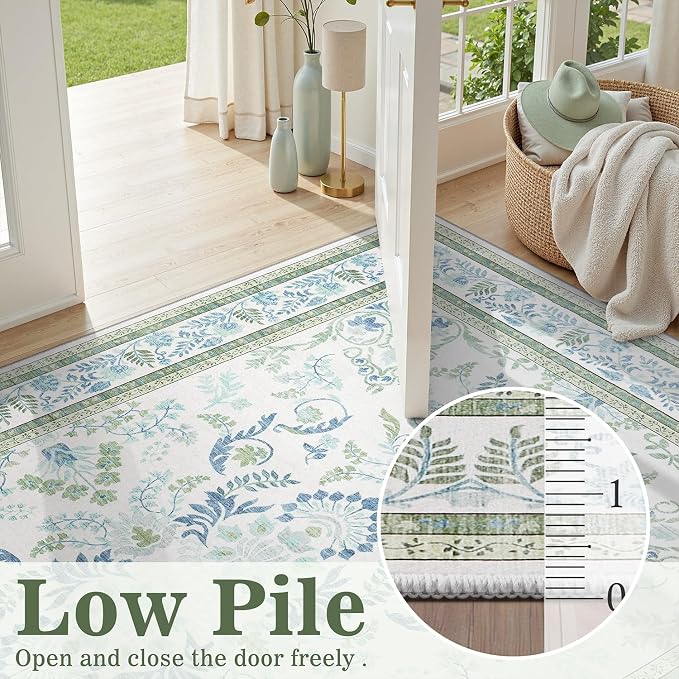 DCX Green 4x6 Rug, Kid & Pet Friendly with Rubber Back Non Slip, Machine Washable Stain Resistant Botanical Floral Rug for Living Room, Bedroom, Soft Low Pile Large Nursery Carpet